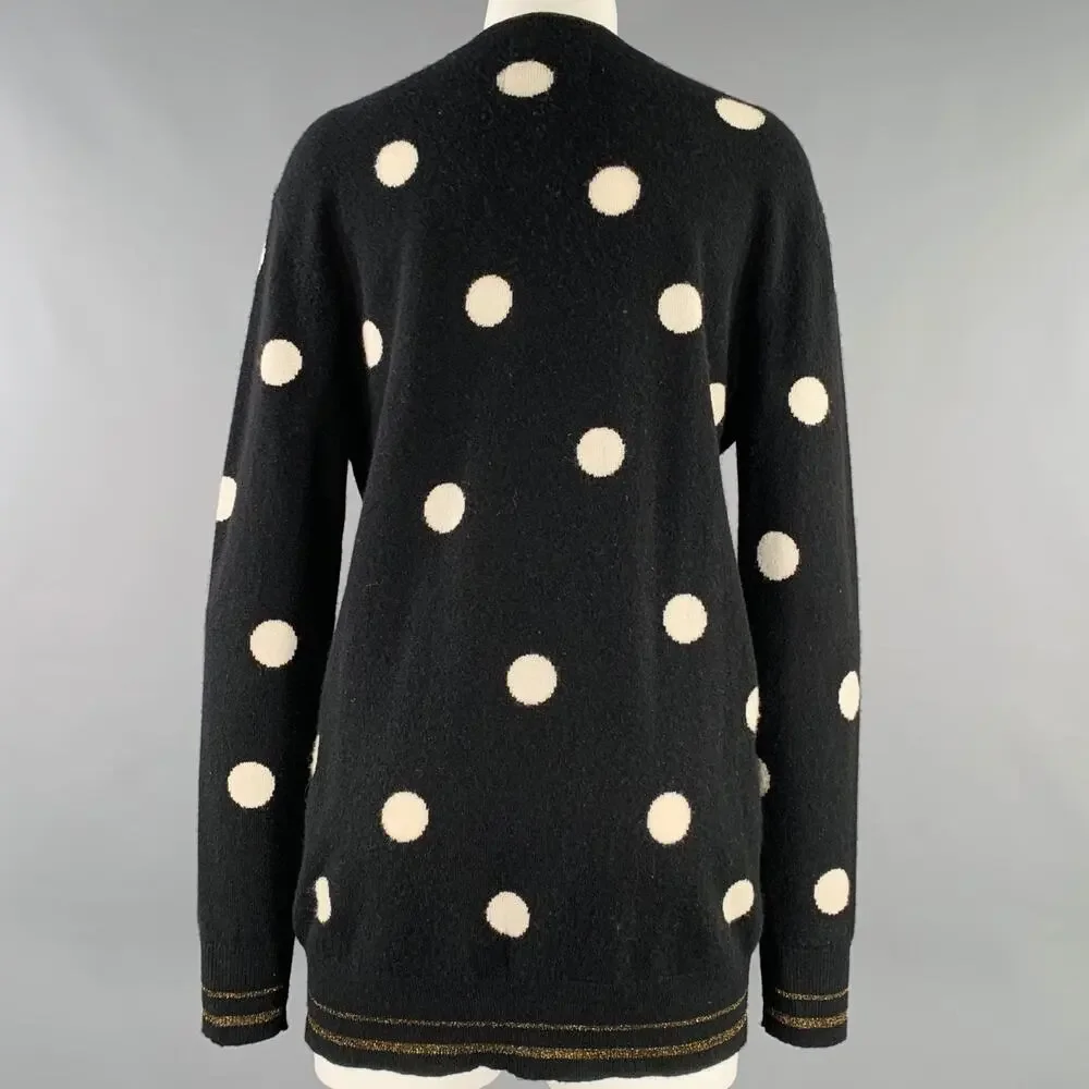 LE SUPERBE Size S Black White Wool Cashmere Polka Dot V-Neck Cardigan